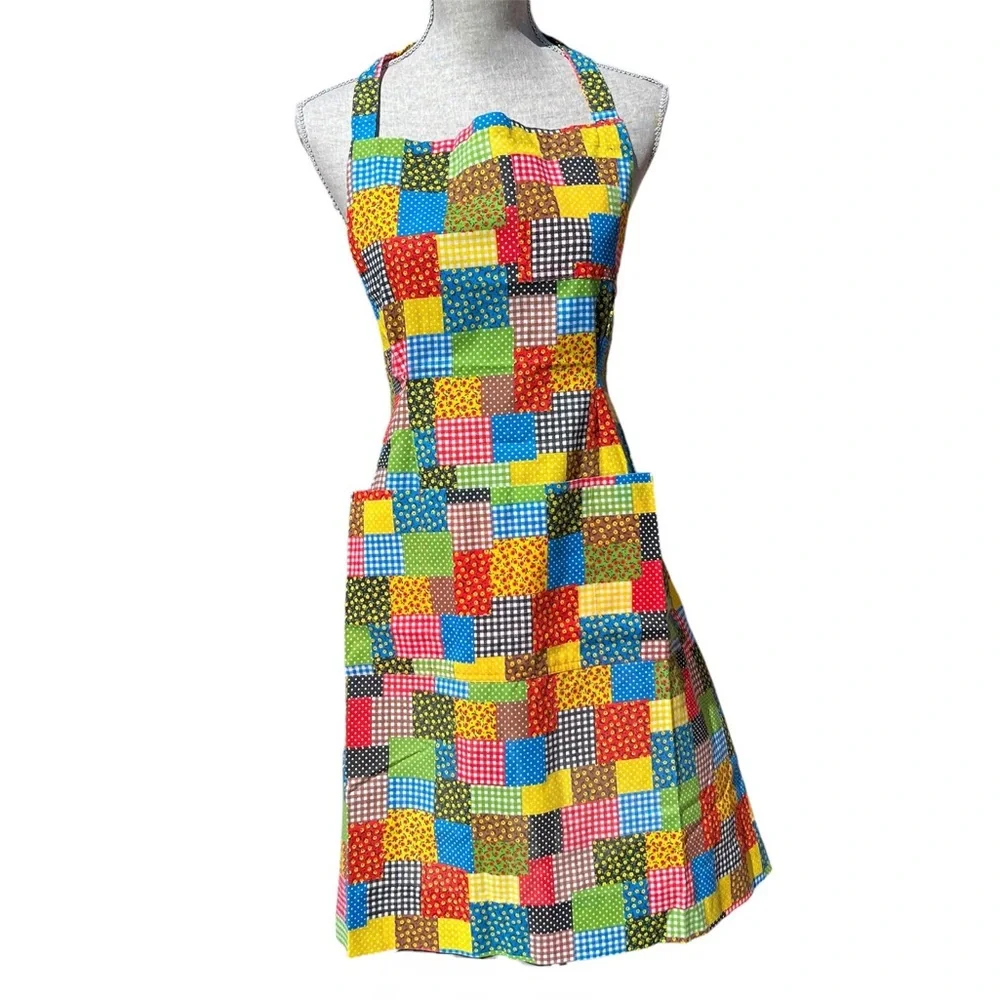 Vintage Handmade Apron Gingham Ditsy Floral Polka Dot Patchwork MCM Retro